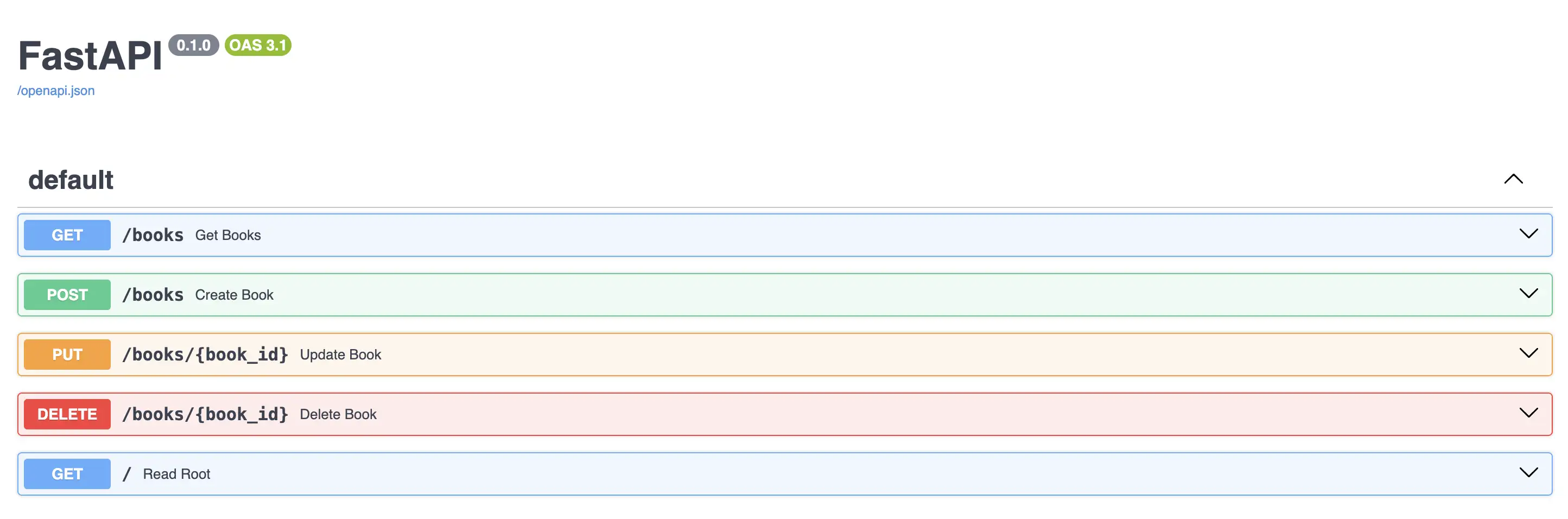 FastAPI OpenAPI docs showing the books CRUD endpoints
